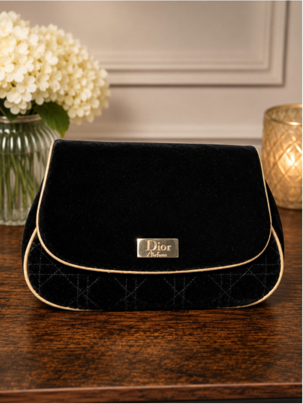 Dior Black Gold Velvet Quilted Cosmetic Bag